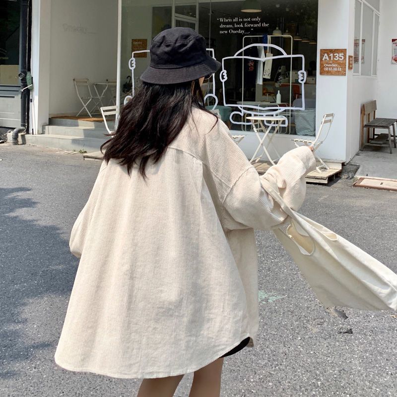 灯芯绒衬衫外套女春秋季新款韩版宽松复古港味百搭长袖设计感衬衣