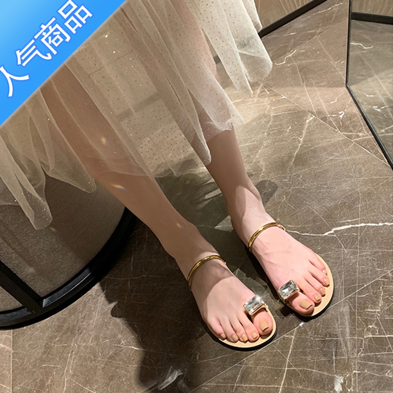 SUNTEK鸽子蛋拖鞋女外穿2023夏季仙女水钻简约罗马凉鞋一字平底法式凉拖高清大图