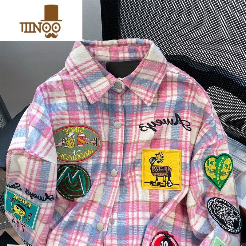YANXU日系cityboy贴布刺绣格子长袖衬衫男女复古学院风磨毛呢上衣外套图片