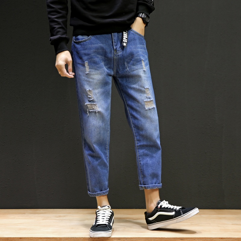 18春夏新品男款时尚潮流破洞九分牛仔裤青少年潮裤青年韩版男9分