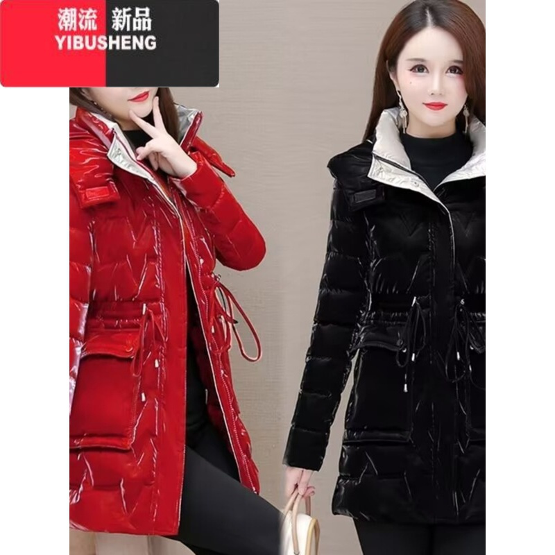 yibusheng棉衣女中长款冬季新款珠光亮面羽绒棉服加厚韩版修身时尚