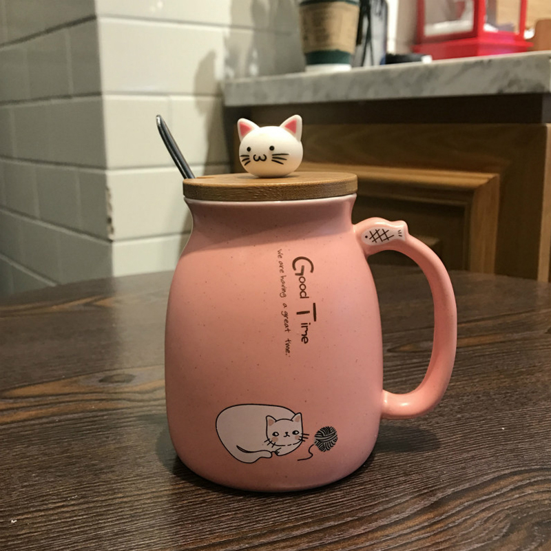 彩帮陶瓷杯马克杯女陶瓷带盖勺可爱萌猫咪情侣款杯子家用早餐水杯