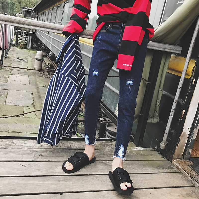 2018春季男裤子破洞水洗牛仔裤子修身毛边小脚裤青年九分裤铅笔裤