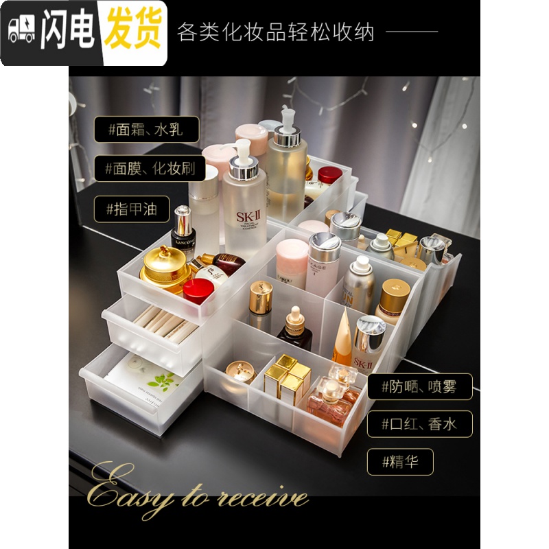 三维工匠透明化妆品收纳盒宿舍桌面口红整理盒简约梳妆台护肤品抽屉置物架高清大图