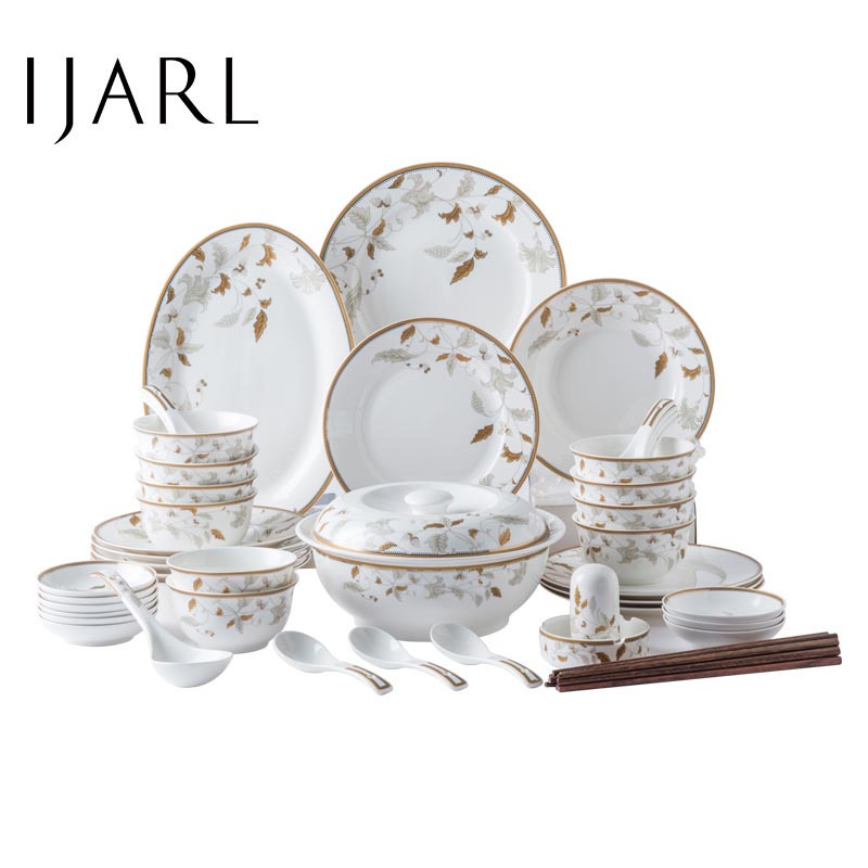 亿嘉IJARL 碗碟套装家用中式简约金边组合轻奢碗筷陶瓷餐具套装碗盘组合高档送礼 金枝玉叶系列 金枝玉叶56件套