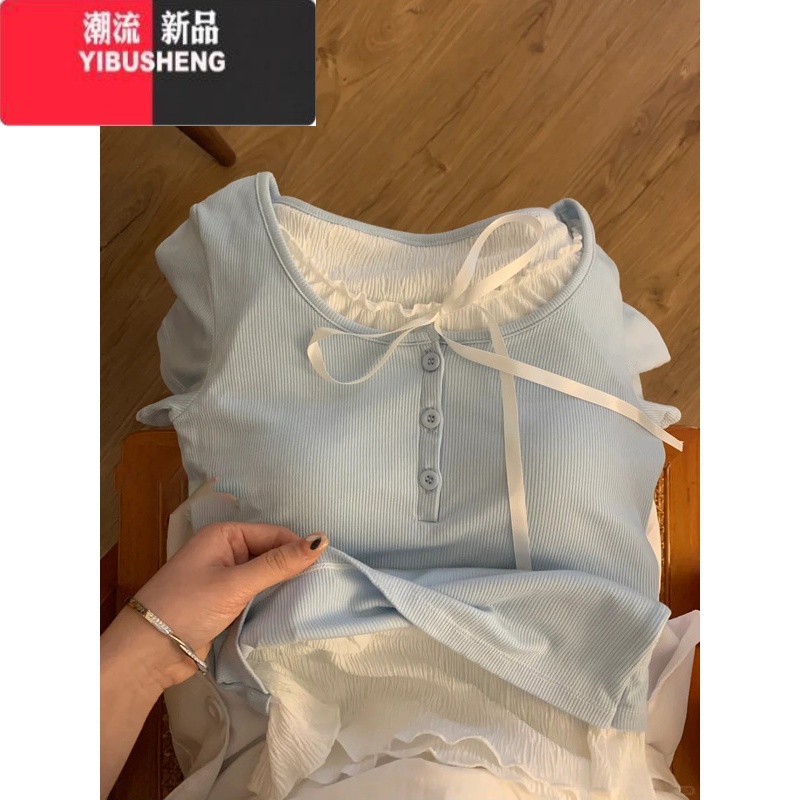 YIBUSHENG蓝色短袖正肩t恤女蝴蝶结2024季新款修身显瘦收腰短款好看上袖高清大图