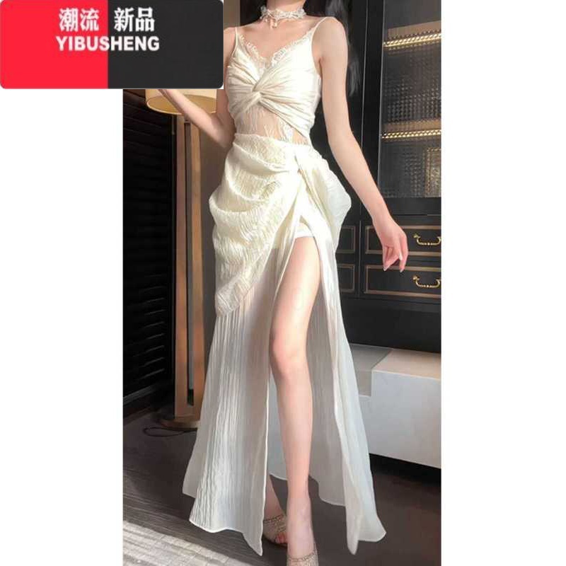 YIBUSHENG法式肌理感拼接蕾丝连衣裙女季设计感镂空露腰开叉吊带长裙礼裙