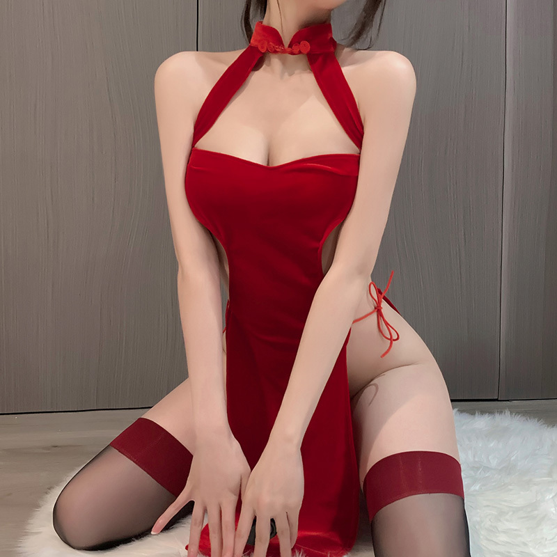 霏慕高开衩分片绑带丝绒旗袍情趣内衣制服午夜魅力套装女式情趣睡衣女士衣服成人用品6701