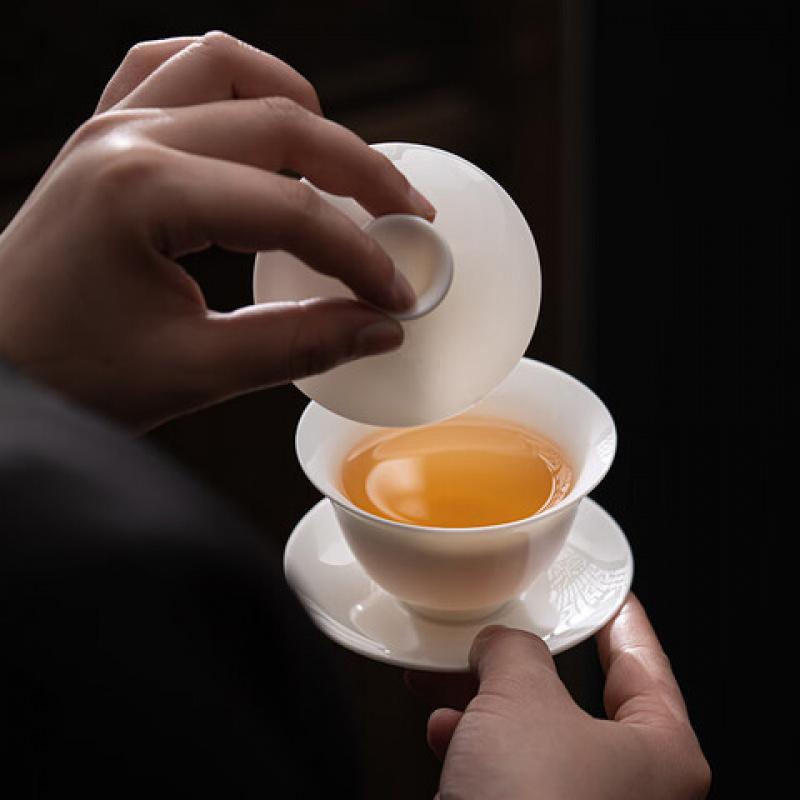 苏氏陶瓷 J0879 羊脂玉瓷·丰亭盖碗组(茶杯*8盖碗*1茶漏*2) 十一件套 (单位:套)高清大图