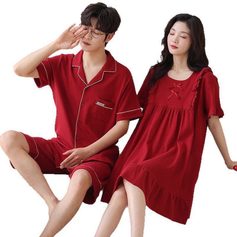 情侣睡衣女夏季仿棉短袖薄款结婚喜庆本命年大红色男士家居服套装高清大图