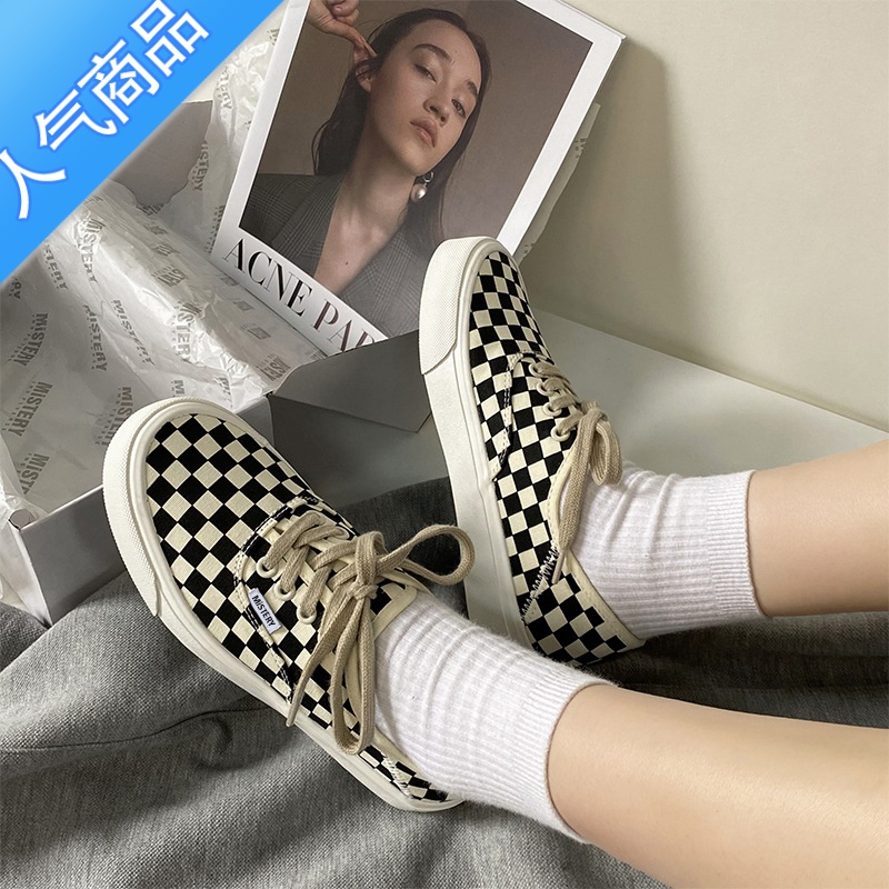 SUNTEK黑白棋盘格子鞋女2023夏季新款英伦风圆头平底帆布鞋复古黑季季布高清大图