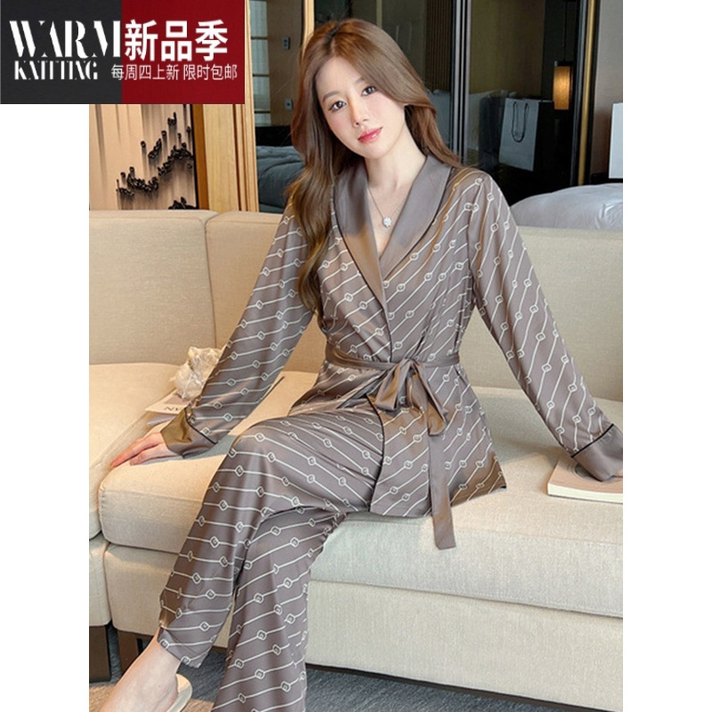 SHANCHAO睡衣女2023年新款网红高级感长袖吊带睡袍家居服三件套装