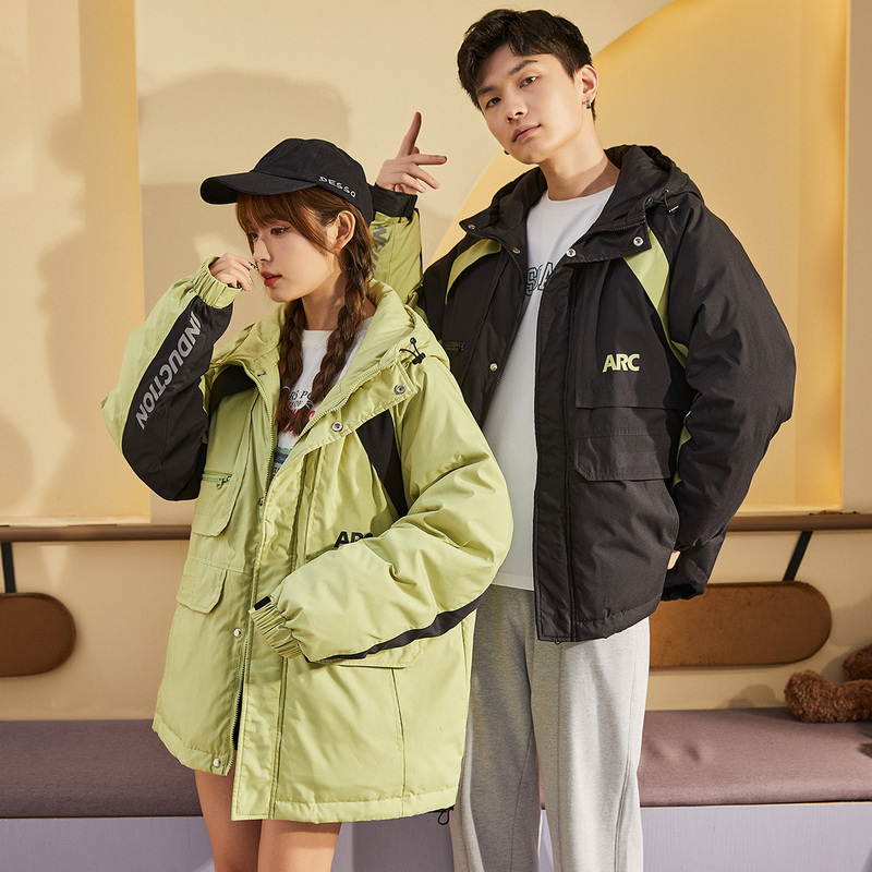 [2.5折价382元]唐狮冬季新款情侣羽绒服工装连帽撞色拼接外套男女加绒保暖潮