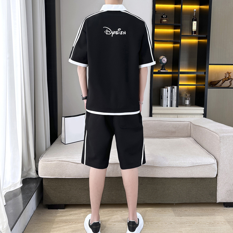 休闲运动套装男夏季新款男士翻领体恤透气青年短袖短裤两件套夏装