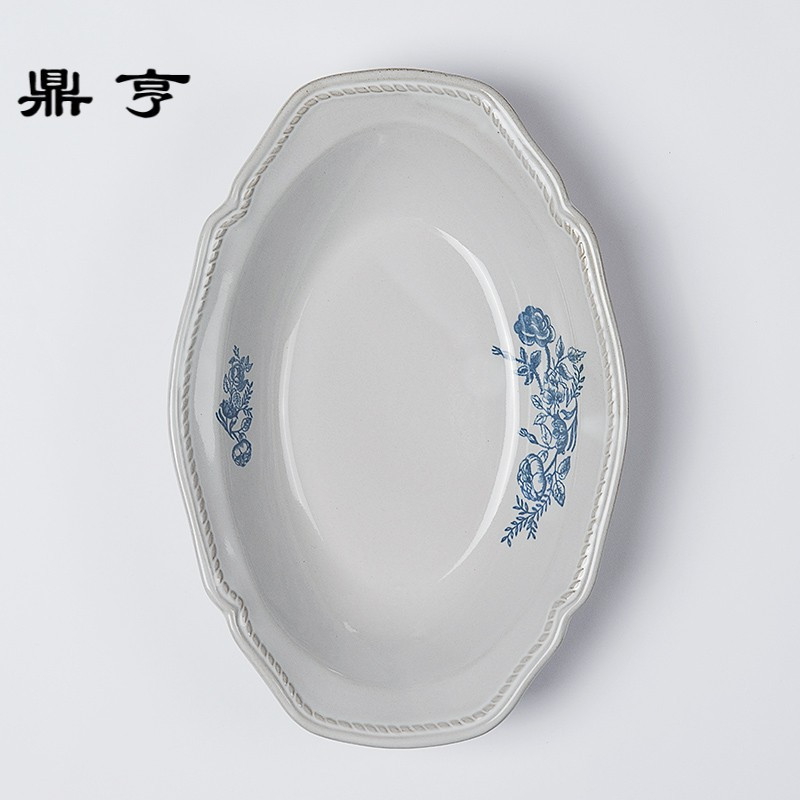 鼎亨日本进口欧式蓝色玫瑰印花复古仿古做旧陶瓷马克杯餐盘餐具大