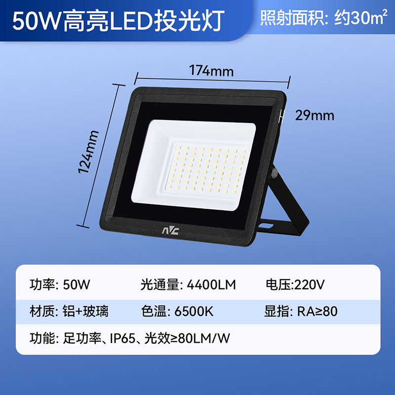 雷士照明220V户外市电投光灯大功率LED灯照明IP65防水工地庭院灯 50W投光灯-光通量4400-电压220