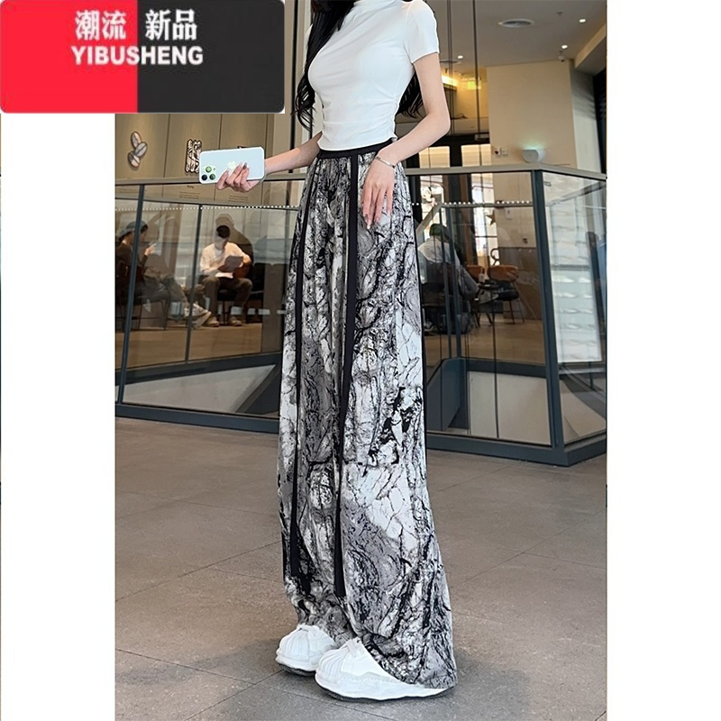 YIBUSHENG冰丝凉凉裤防晒休闲减龄直筒裤女季薄款碎花印花飘带阔腿阔腿裤