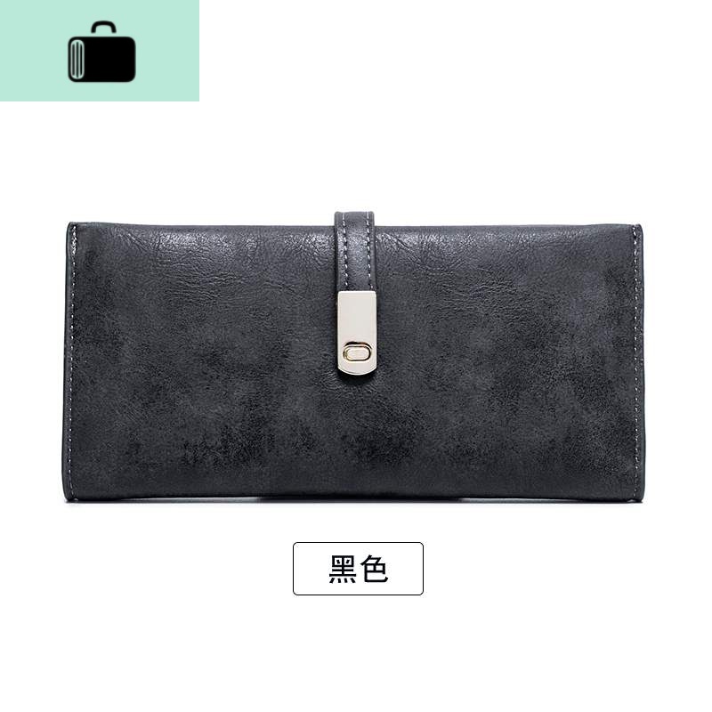 钱包女长款薄学生简约韩版2020新款复古磨砂软皮搭扣两折钱夹NEW LAKE 黑色