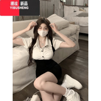 YIBUSHENG假两件Polo领针织泡泡袖连衣裙女季纯欲镂空蝴蝶结系带包臀短裙