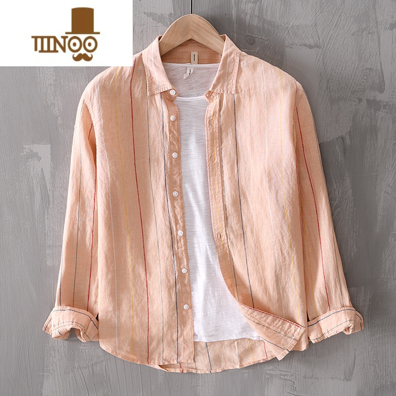 YANXU2022新款弹力款日系小清新拼色长袖衬衫男士纯季大码休闲条纹宽松高清大图