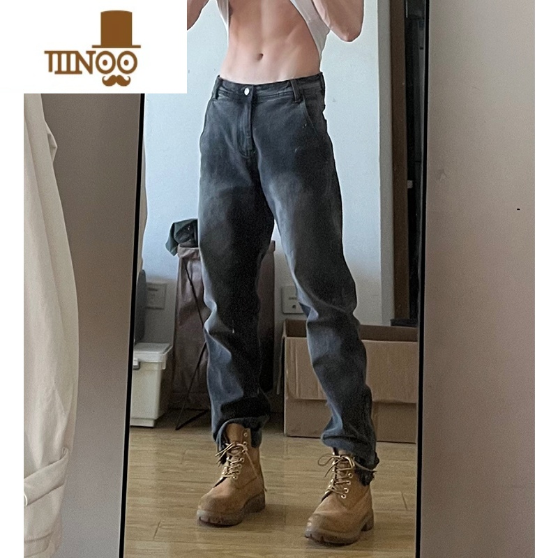 YANXU高街复古拉链牛仔裤男士夏季美式垂感微喇显高痞帅直筒裤子ins痞高清大图