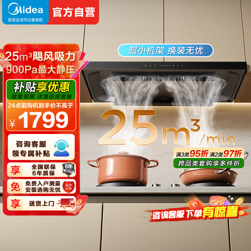 美的欧式吸油烟机25m³大吸力900Pa强静压自动清洗挥手智控CXW-140-A5高清大图