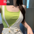 YIBUSHENG设计感小众春洋气减龄高腰显瘦白色阔腿裤子牛仔背带裙女休闲裤 绿色背心 M