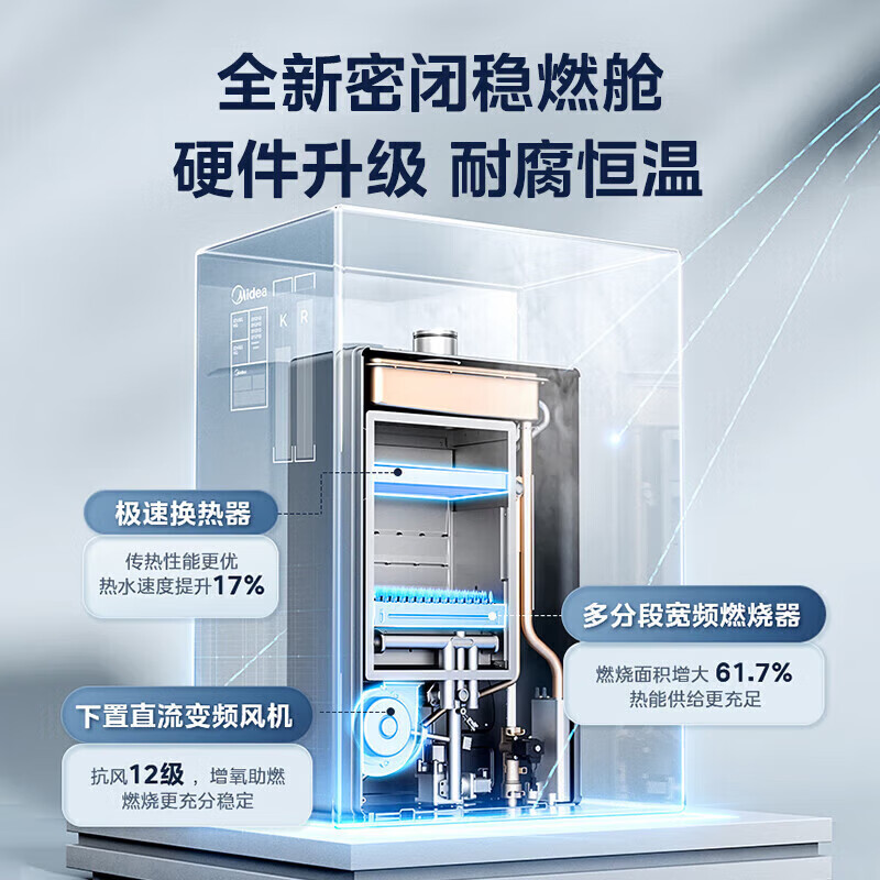 美的16升燃气热水器一级降噪 超一级能效 即热强排式恒温变频 增压水伺服 全新密闭稳燃舱JSLQ27-M10 Max高清大图