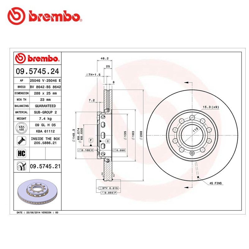 布雷博(brembo)前盘09.5745.21适配00-10款帕萨特B5/领驭B5+/04款奥迪A6(C5)(对装)