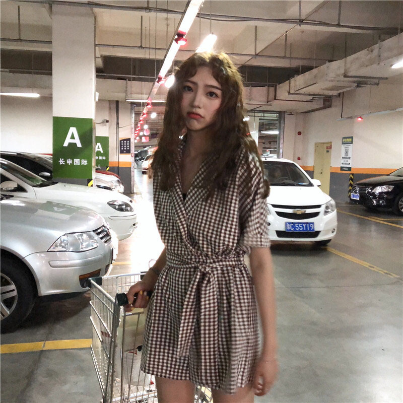 夏装女装韩版宽松显瘦系带收腰格子连体裤休闲裤短裤阔腿裤+腰带 卡其格 均码