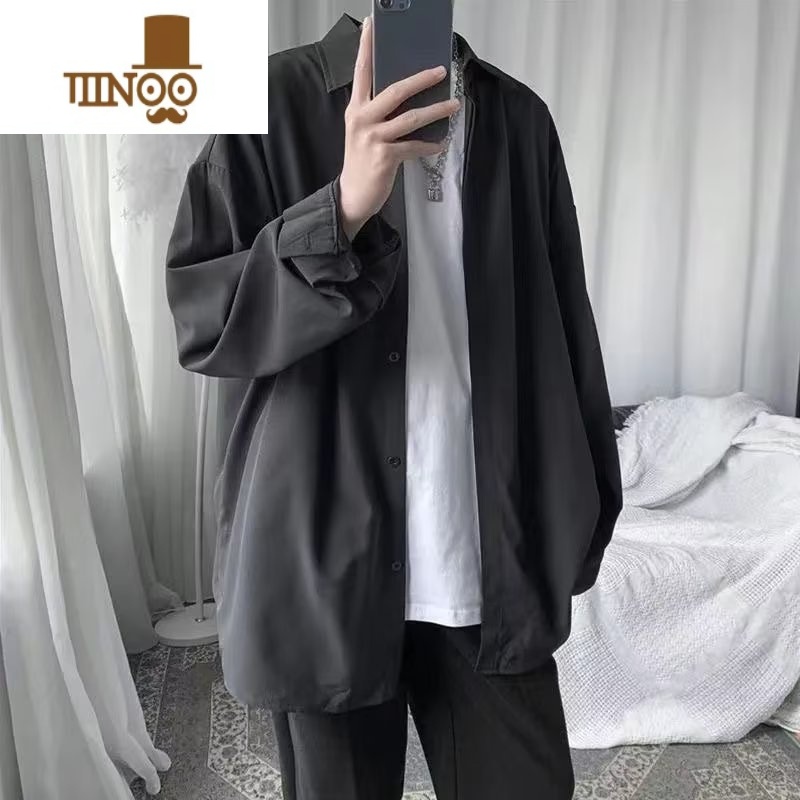 YANXU垂感衬衫男士长袖秋季外套翻领宽松潮流ins百搭港风痞帅黑色衬衣高清大图