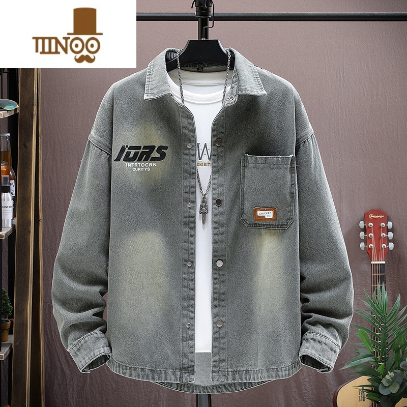 YANXU牛仔衬衫男长袖宽松潮牌上衣服休闲痞帅青少年翻领夹克外套高清大图