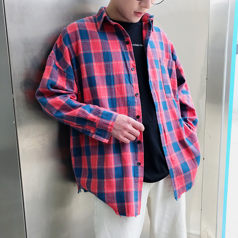 原创港风bf风情侣格子衬衫2018春夏新款男士长袖衬衣宽松打底衫