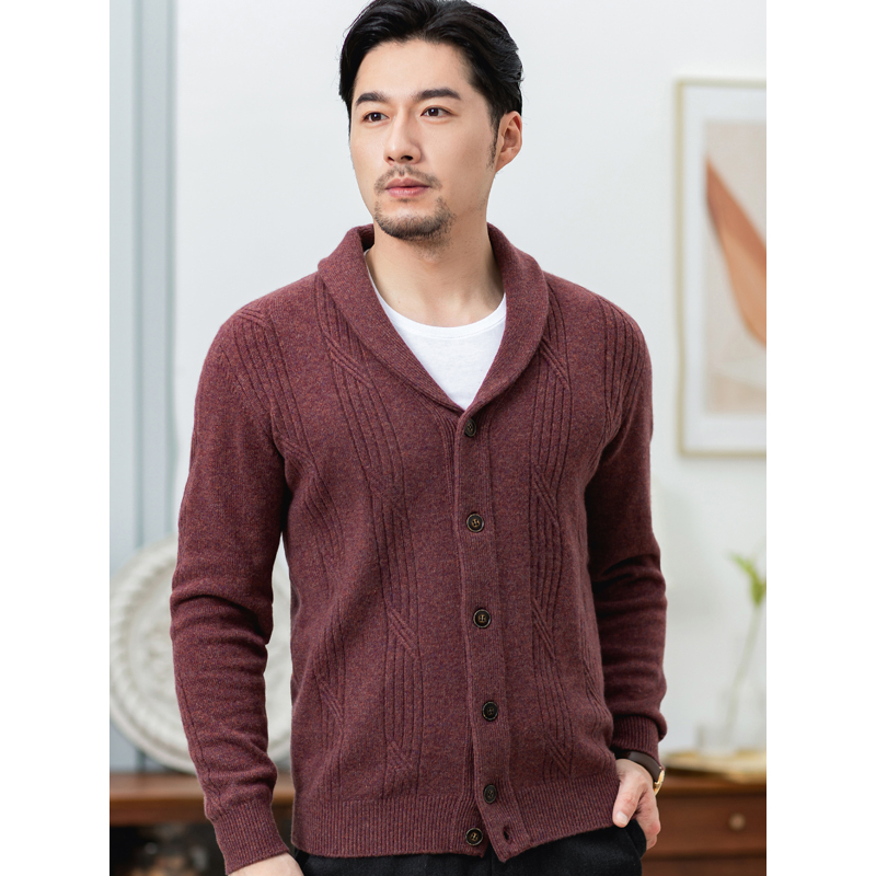 恒源祥男士针织/毛衣 恒源祥羊绒衫男翻领提花毛衣纯羊绒纽扣针织开衫