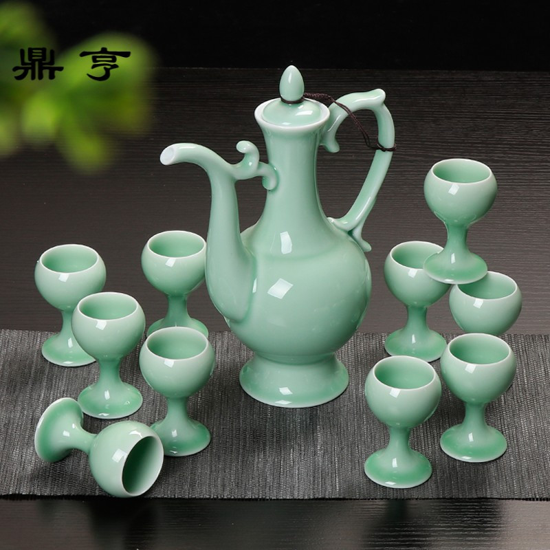 鼎亨青瓷酒具套装白酒杯一斤装酒壶家用分酒器陶瓷高脚杯复古中式