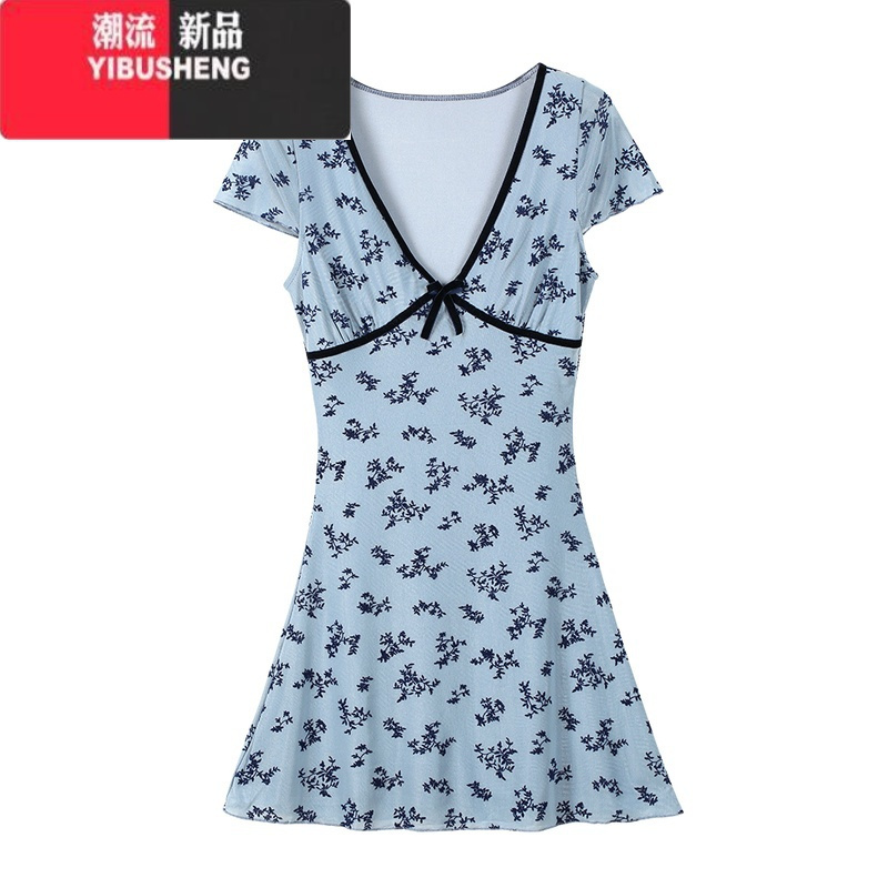 YIBUSHENGSUGAR紫色性感v碎花连衣裙女季纯欲收腰修身显瘦a字裙气质短裙