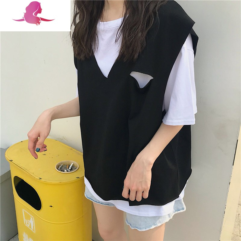艳如飞棉大码胖mm心机短袖t恤女装夏装韩版宽松显瘦原宿风两件套上衣大码女装