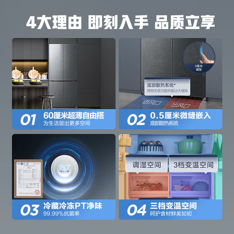美的60厘米薄系列482升十字四门零嵌入大容量家用智能冰箱一级双变频双循环可净味手机智控BCD-482WSGPZM(E)