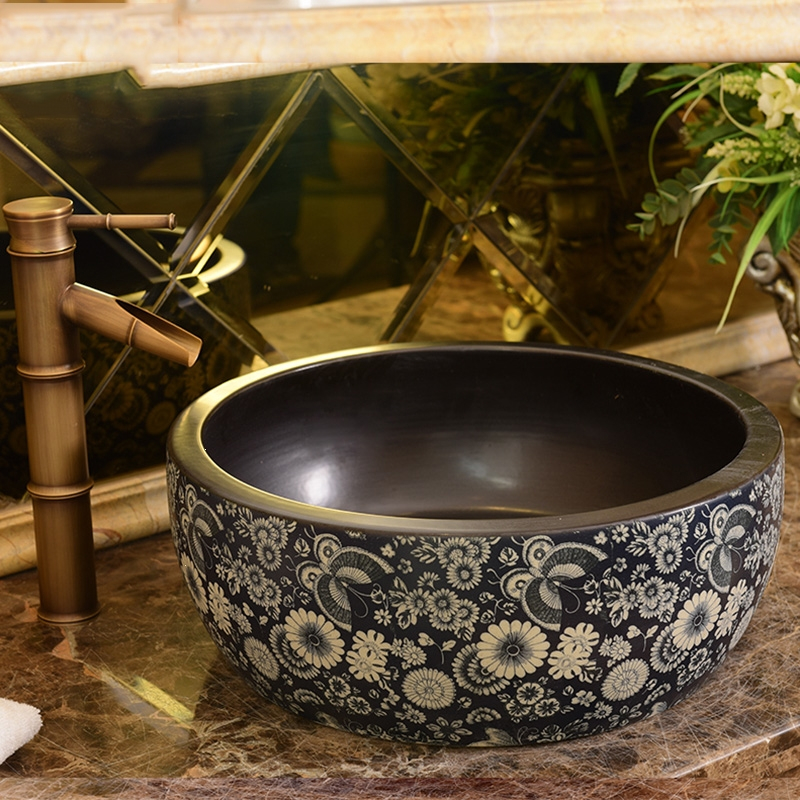 陶瓷盆卫生间台上盆圆形仿古古达洗脸盆复古洗手盆家用台盆面盆