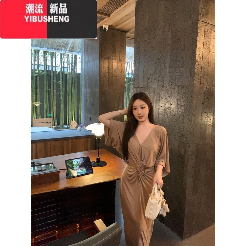 YIBUSHENG法式气质优雅V领连衣裙女季裙子扭结设计感开叉包臀裙咖色长裙图片