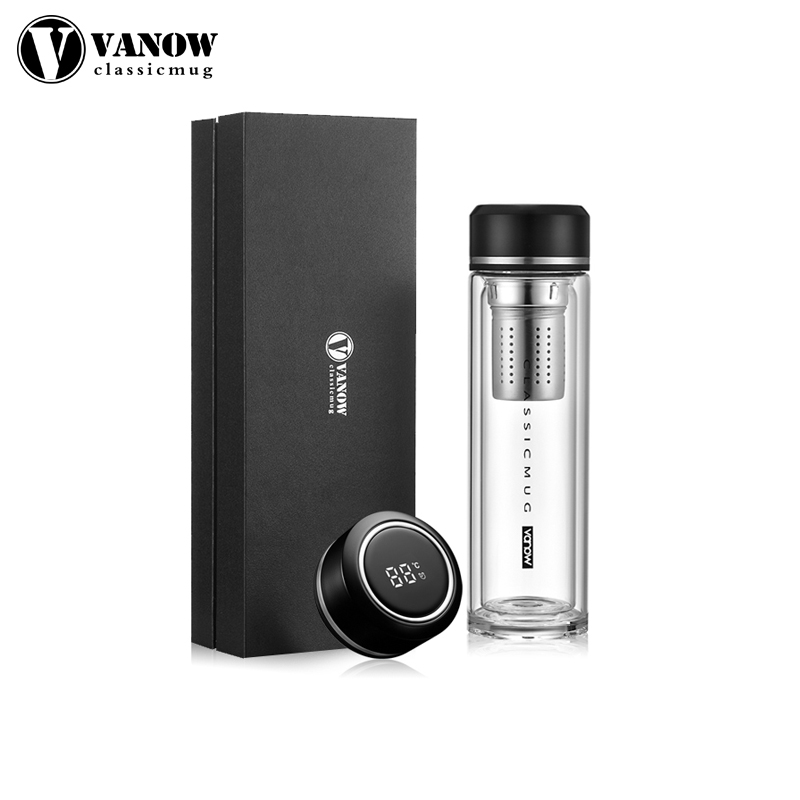 英国Vanow智能玻璃杯男女士家用双层隔热水杯子高档创意透明水杯子办公泡茶杯便携车载水杯 VB360