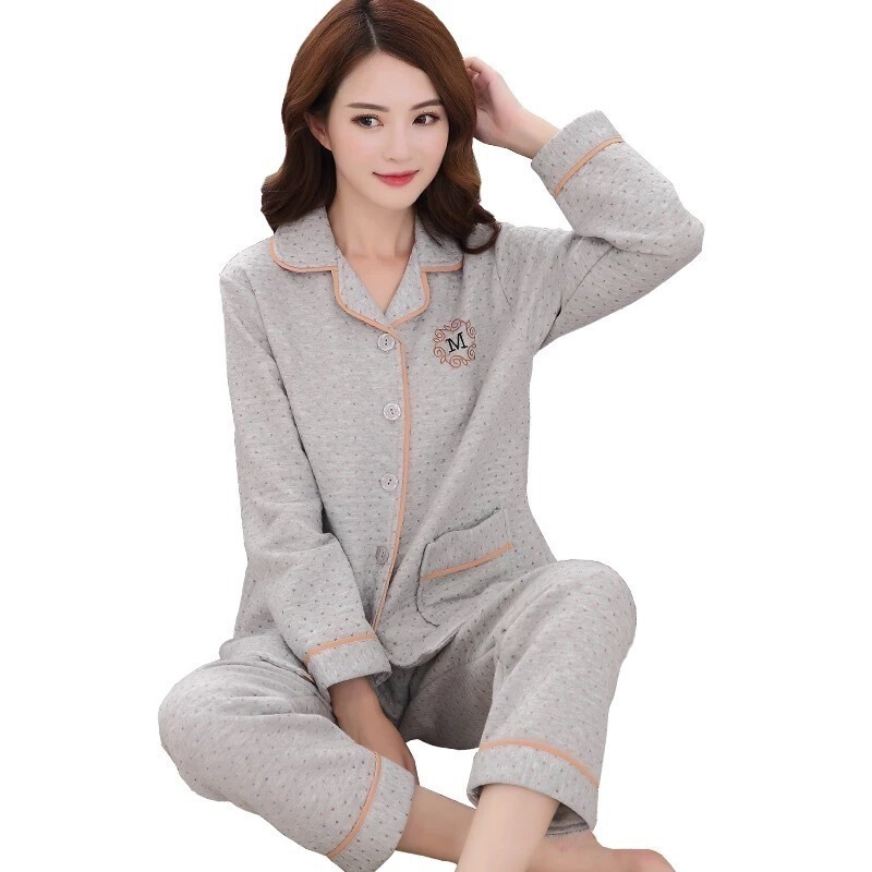 秋冬季棉空气棉夹层睡衣套装女长袖薄款三层夹棉加厚家居服9233XXL145-165斤