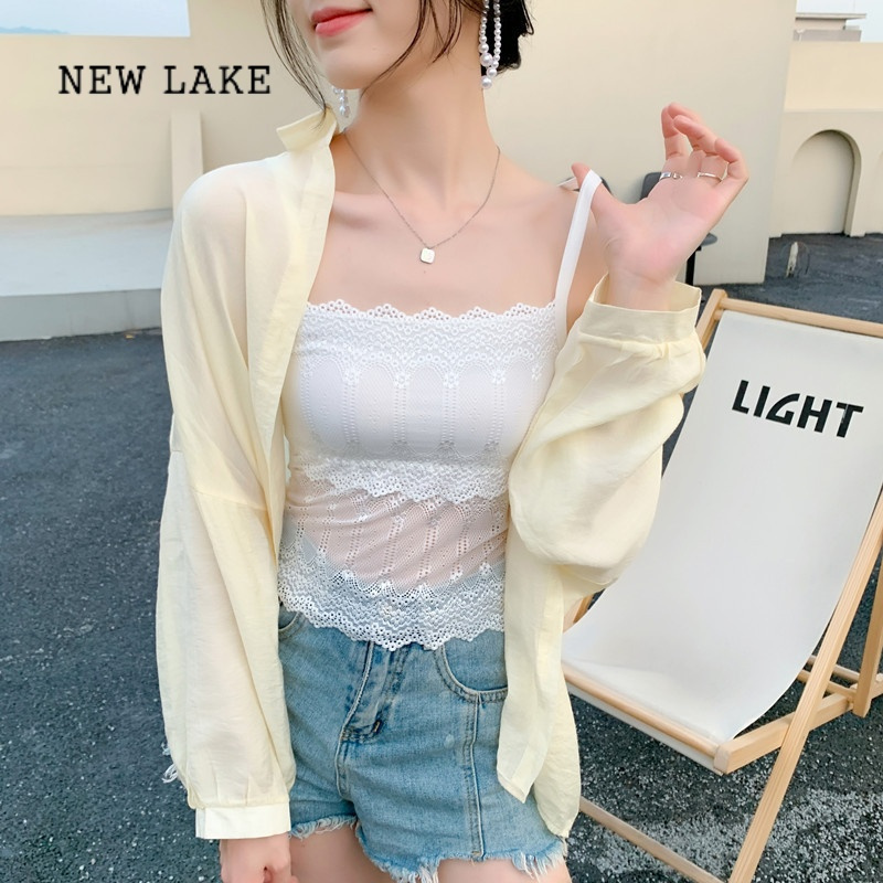 new lake吊带小背心白色女夏防走光内搭打底外穿蕾丝美背薄款抹胸裹胸