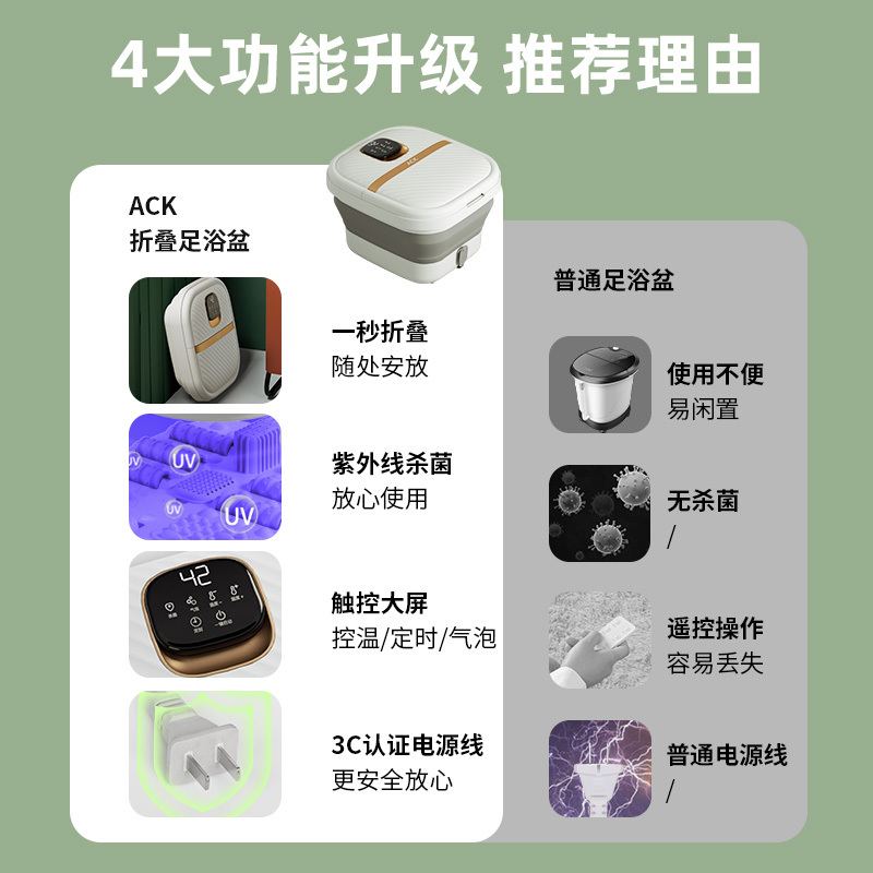 艾斯凯折叠家用泡脚滚轮按摩洗脚盆全自动电加热恒温调节足浴桶神器