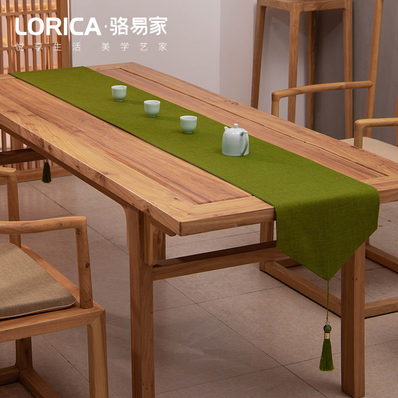 新中式桌旗禅意纯色棉麻茶几餐桌布日式长条北欧现代简约五斗柜布 平织-绿色 33*160cm（适用桌长1.1米-1.2米）
