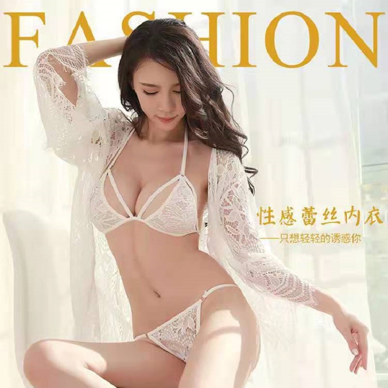 长夜漫漫女式情趣睡衣套装女士情趣内衣夫妻双人内裤情侣三点式比基尼吊带仙女裙连体衣破洞渔网丝袜性感开档露乳透明免脱成人用品 白色外套+三点式 均码