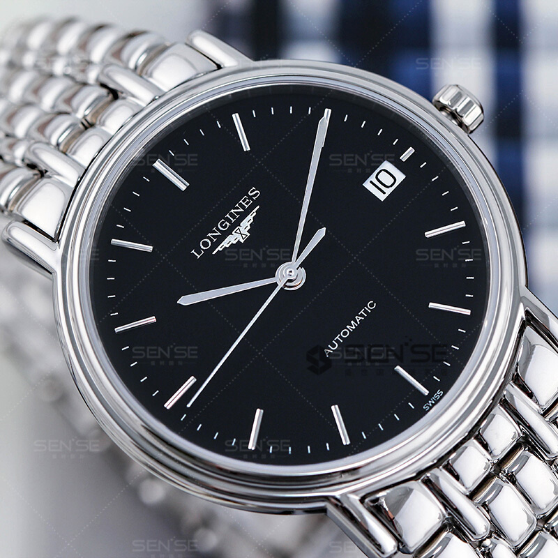 浪琴longines瑰丽系列黑色表盘钢带自动机械男士手表机械表男l