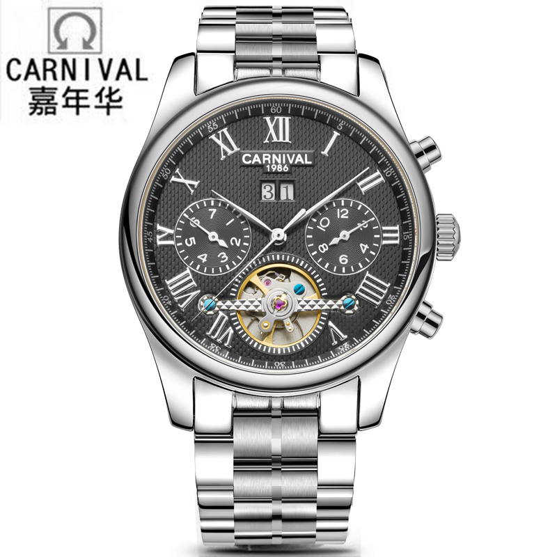 瑞士嘉年华Carnival手表新款男士全自动机械表 男防水飞轮休闲时尚皮革表带男表精钢复古镂空表罗马刻度H670G 精钢黑面钢带