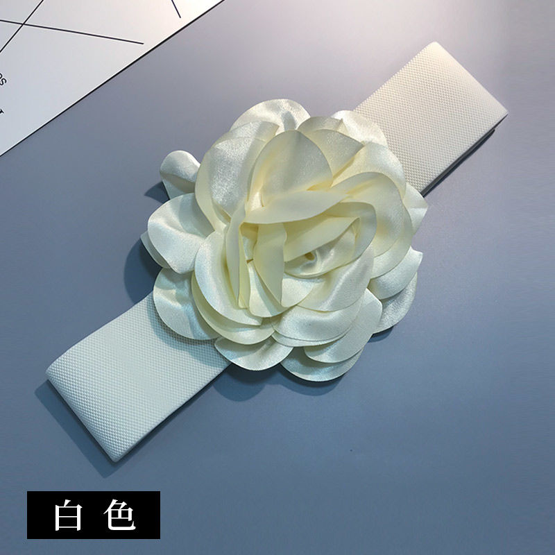 明星同款时尚花朵腰带女连衣裙装饰宽腰封韩版百搭松紧配饰XD001 白色 65CM