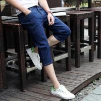 抽绳弹力夏季潮牌七分牛仔短裤男韩版直筒修身7分中裤休闲马裤男 七分裤1301纯蓝[新品] M 建议[95-110斤]